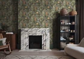 Jungle Jamboree Sage Wallpaper, ULUWATU  Paint and Lavish Deep Brown Curtains