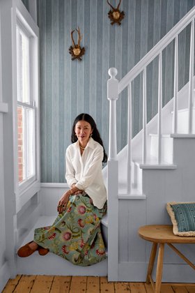 Graham & Brown x  Kate Berry Moire Faux Bois Sky Wallpaper
