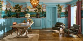 Red Rose County mural | Angel Bay & Rose Earth paint | Opulence Vintage Mulberry Curtains