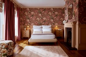 Roselle Grove Dusky Pink wallpaper & Rose Earth paint | Opulence Vintage Mulberry curtains | Zigzagare Green Roman Blinds | Roselle Grove Pouffe