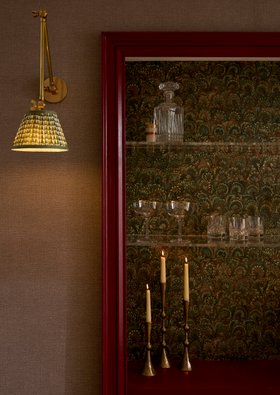Truffle Peacock & Haptic Hazel Wallpaper   Roger Red Paint 1