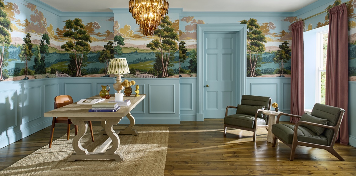 Red Rose County mural | Angel Bay & Rose Earth paint | Opulence Vintage Mulberry Curtains