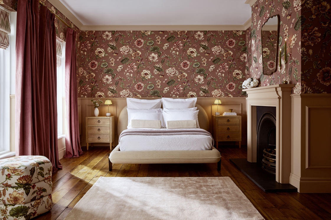 Roselle Grove Dusky Pink wallpaper & Rose Earth paint | Opulence Vintage Mulberry curtains | Zigzagare Green Roman Blinds | Roselle Grove Pouffe