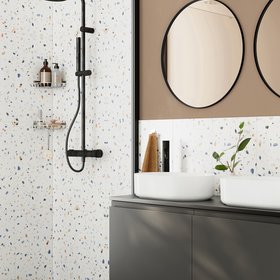 Naira White & Multicolour Satin Terrazzo Stone effect Ceramic Indoor Wall tile