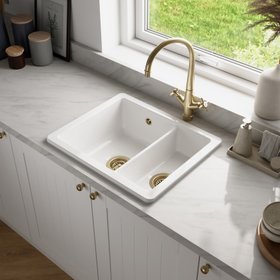GoodHome Hyssop White Ceramic 1.5 Bowl Kitchen sink 460mm x 555mm
