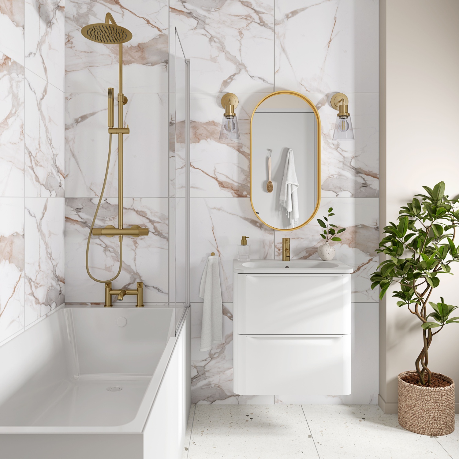 GoodHome Cervo White & gold Matt Marble effect Porcelain Indoor Wall & floor Tile