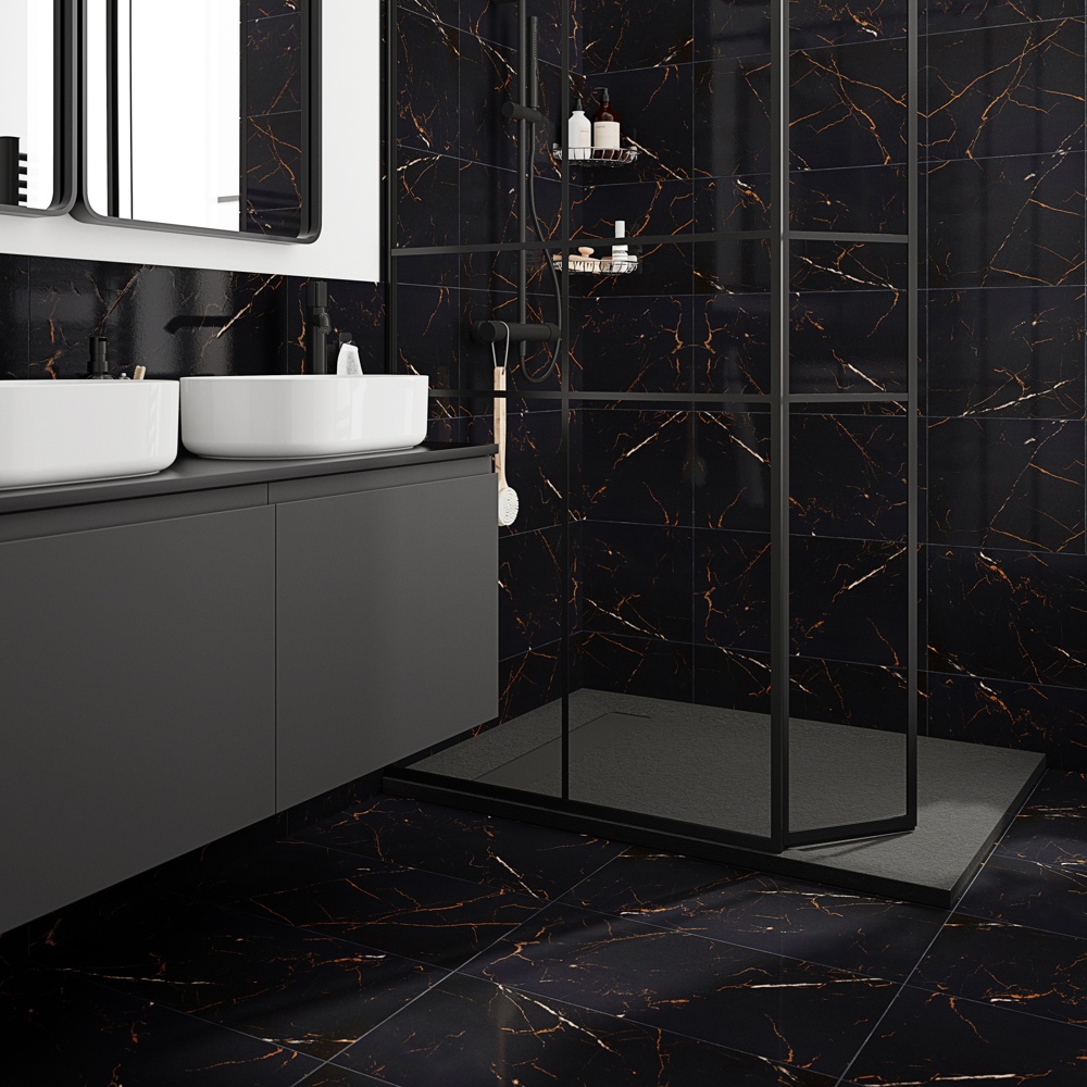 Marciana Black & gold High gloss Marble effect Porcelain Indoor Wall & floor Tile