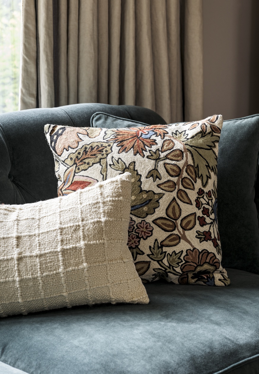 Trailing Flowers Crewel Cushion Plum