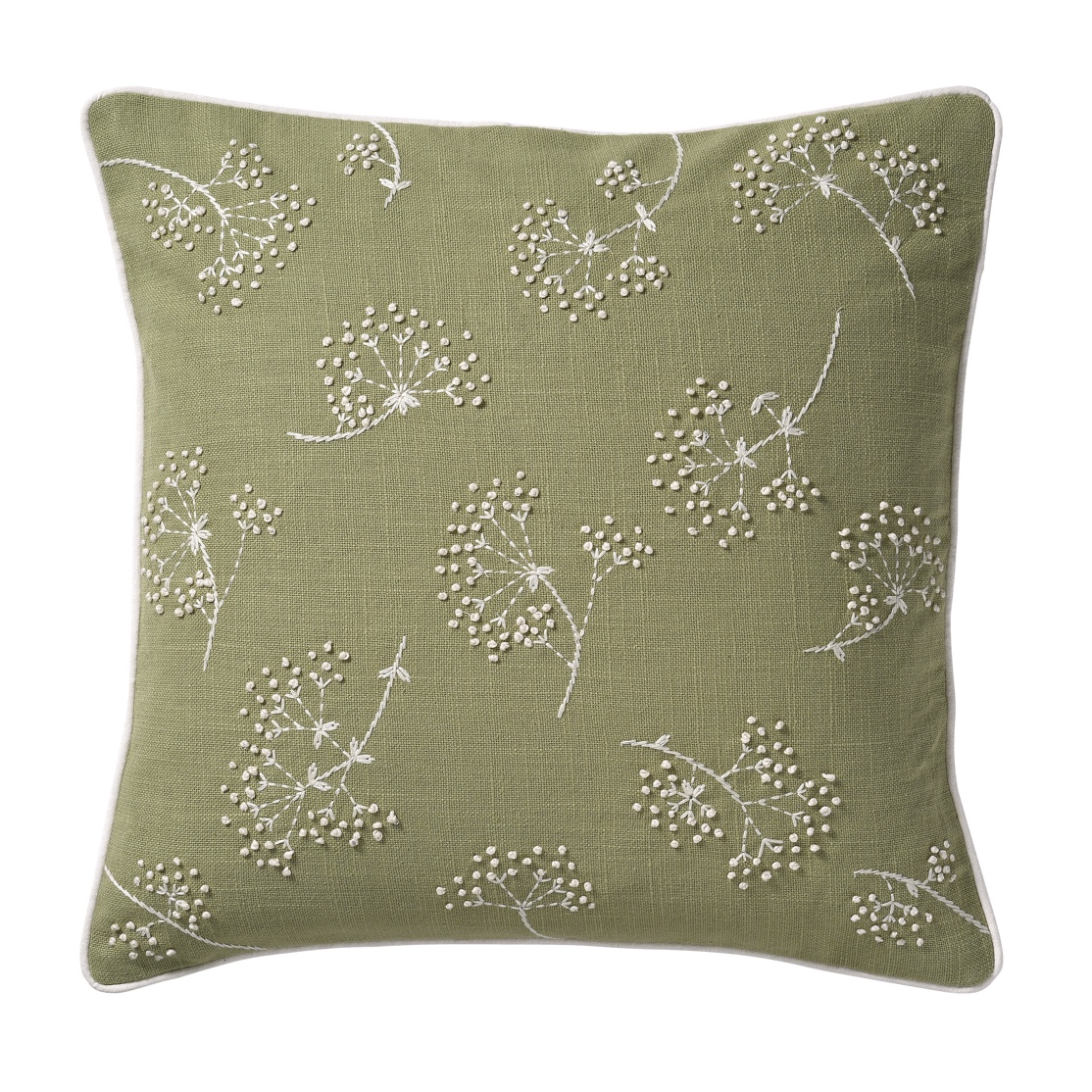 Cotton Slub Cushion With French Knots And Embroidery in Moss