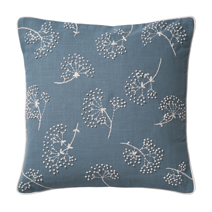 Cotton Slub Cushion With French Knots And Embroidery in Washed Denim