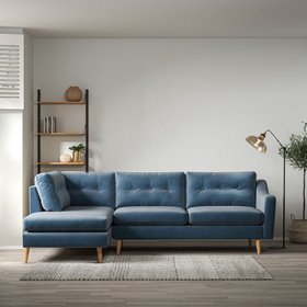 Rosa Curve Buttoned Velvet Corner Chaise Sofa with Light Wood Legs (Left Facing)