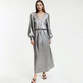 Flared Silver Maxi Dress with Long Sleeves