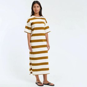 Striped Maxi Dress with Shoulder Buttons, Short Sleeves