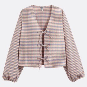 Checked Tie-Front Blouse with V-Neck