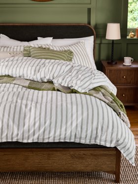 Green Henley Stripe 100% Cotton Duvet Cover and Pillowcase Set