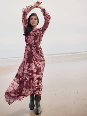 Pink Pollington Roses Floral Chiffon Dobby Ruffle Maxi Dress