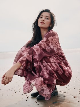 Pink Pollington Roses Floral Chiffon Dobby Ruffle Maxi Dress