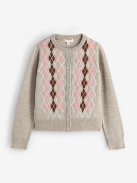 Pink/Cream Argyle Knit Cardigan