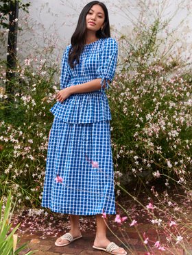 Blue/White Cotton Short Sleeve Gingham Shirred Waist Midi Dress with Peplum Waist