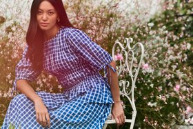 Blue/White Cotton Short Sleeve Gingham Shirred Waist Midi Dress with Peplum Waist