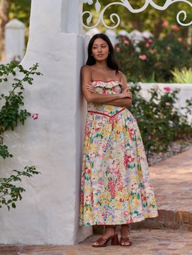 Multi Cotton Everingham Meadow Bardot Corset Midi Dress