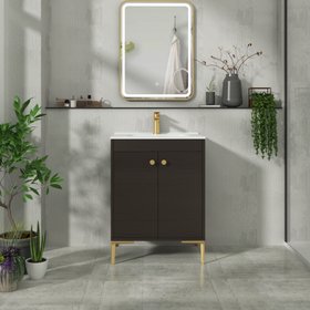 Verona 600mm Walnut Woodgrain Floor Standing Vanity Unit 2 Door with Ceramic Basin & Brushed Brass Knob
