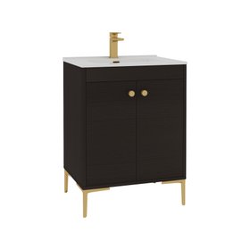 Verona 600mm Walnut Woodgrain Floor Standing Vanity Unit 2 Door with Ceramic Basin & Brushed Brass Knob