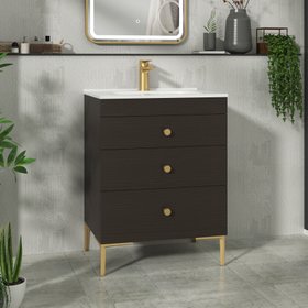 Verona 600mm Walnut Woodgrain Floor Standing 3 Drawer Vanity Unit with Stone Basin & Brushed Brass Knob