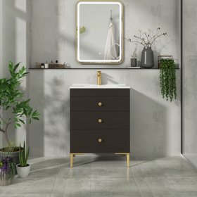 Verona 600mm Walnut Woodgrain Floor Standing 3 Drawer Vanity Unit with Stone Basin & Brushed Brass Knob