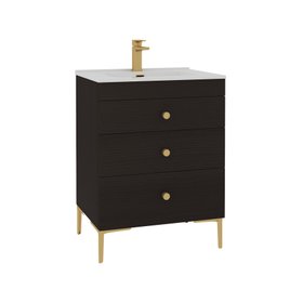 Verona 600mm Walnut Woodgrain Floor Standing 3 Drawer Vanity Unit with Stone Basin & Brushed Brass Knob
