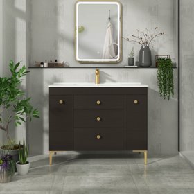 Verona 1000mm Walnut Woodgrain Floor Standing Vanity Unit 3 Drawer & Dual Side Pull Out Storage with Ceramic Basin - Brushed Brass Knob