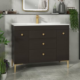 Verona 1000mm Walnut Woodgrain Floor Standing Vanity Unit 3 Drawer & Dual Side Pull Out Storage with Ceramic Basin - Brushed Brass Knob
