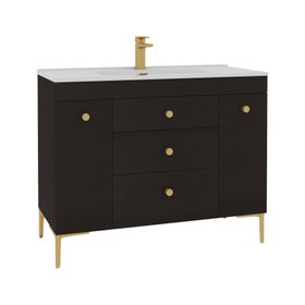 Verona 1000mm Walnut Woodgrain Floor Standing Vanity Unit 3 Drawer & Dual Side Pull Out Storage with Ceramic Basin - Brushed Brass Knob