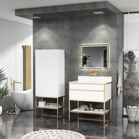 Vienna 750mm Matt White Vanity Unit with Brushed Brass Frame & Carrara White Top