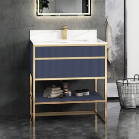 Vienna 750mm Navy Blue Vanity Unit with Brushed Brass Frame & Carrara White Top