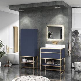Vienna 750mm Navy Blue Vanity Unit with Brushed Brass Frame & Carrara White Top