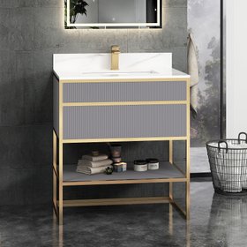 Vienna 750mm Rock Grey Vanity Unit with Brushed Brass Frame & Carrara White Top
