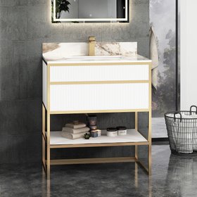 Vienna 750mm Matt White Vanity Unit with Brushed Brass Frame & Pandora White Top