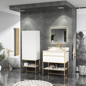 Vienna 750mm Matt White Vanity Unit with Brushed Brass Frame & Pandora White Top