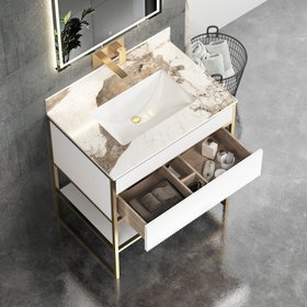Vienna 750mm Matt White Vanity Unit with Brushed Brass Frame & Pandora White Top
