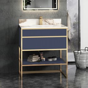 Vienna 750mm Navy Blue Vanity Unit with Brushed Brass Frame & Pandora Top