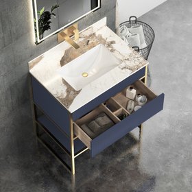 Vienna 750mm Navy Blue Vanity Unit with Brushed Brass Frame & Pandora Top