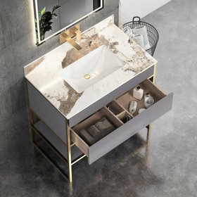 Vienna 900mm Rock Grey Vanity Unit with Brushed Brass Frame & Pandora Top
