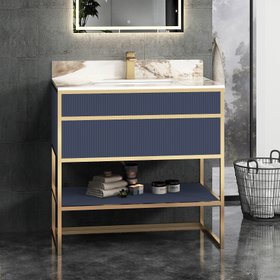 Vienna 900mm Navy Blue Vanity Unit with Brushed Brass Frame & Pandora Top