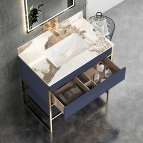Vienna 900mm Navy Blue Vanity Unit with Brushed Brass Frame & Pandora Top