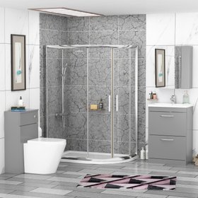 Offset Quadrant Shower Enclosure, Cesar BTW Toilet & 2 Indigo Grey Gloss Vanity Unit