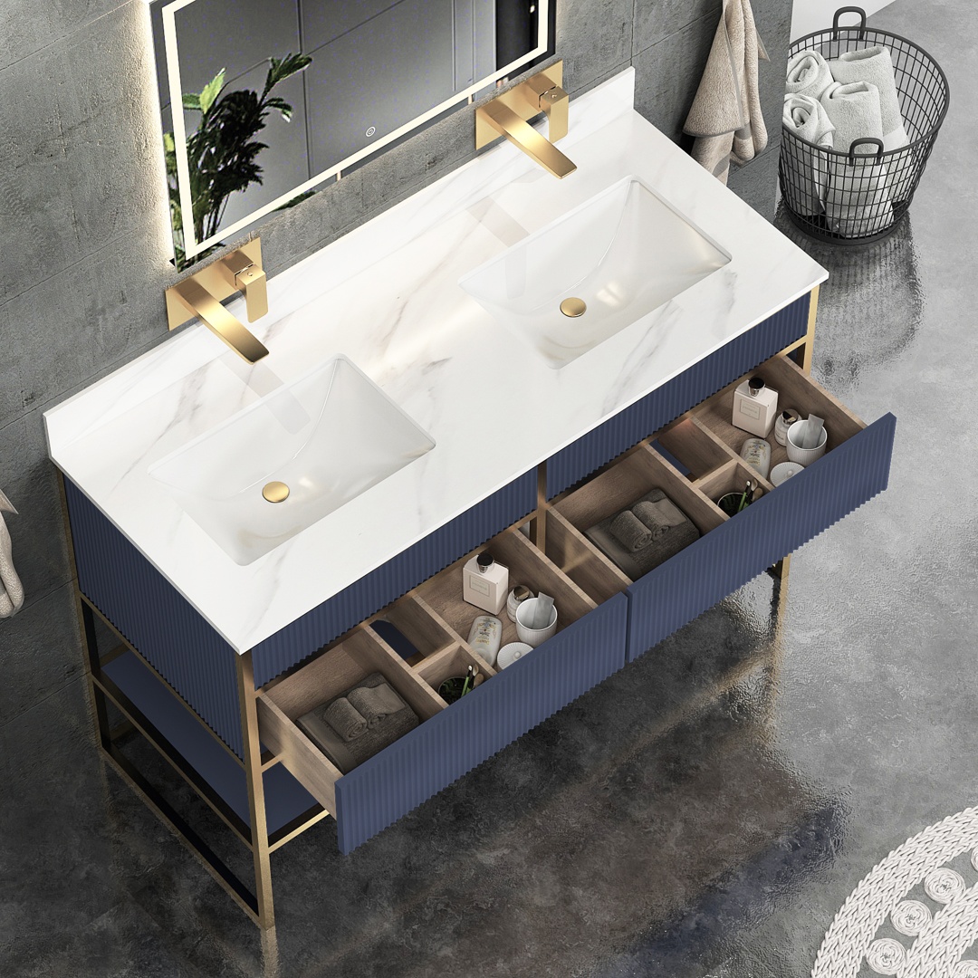 Vienna 1200mm Navy Blue Vanity Unit with Brushed Brass Frame & Carrara White Top
