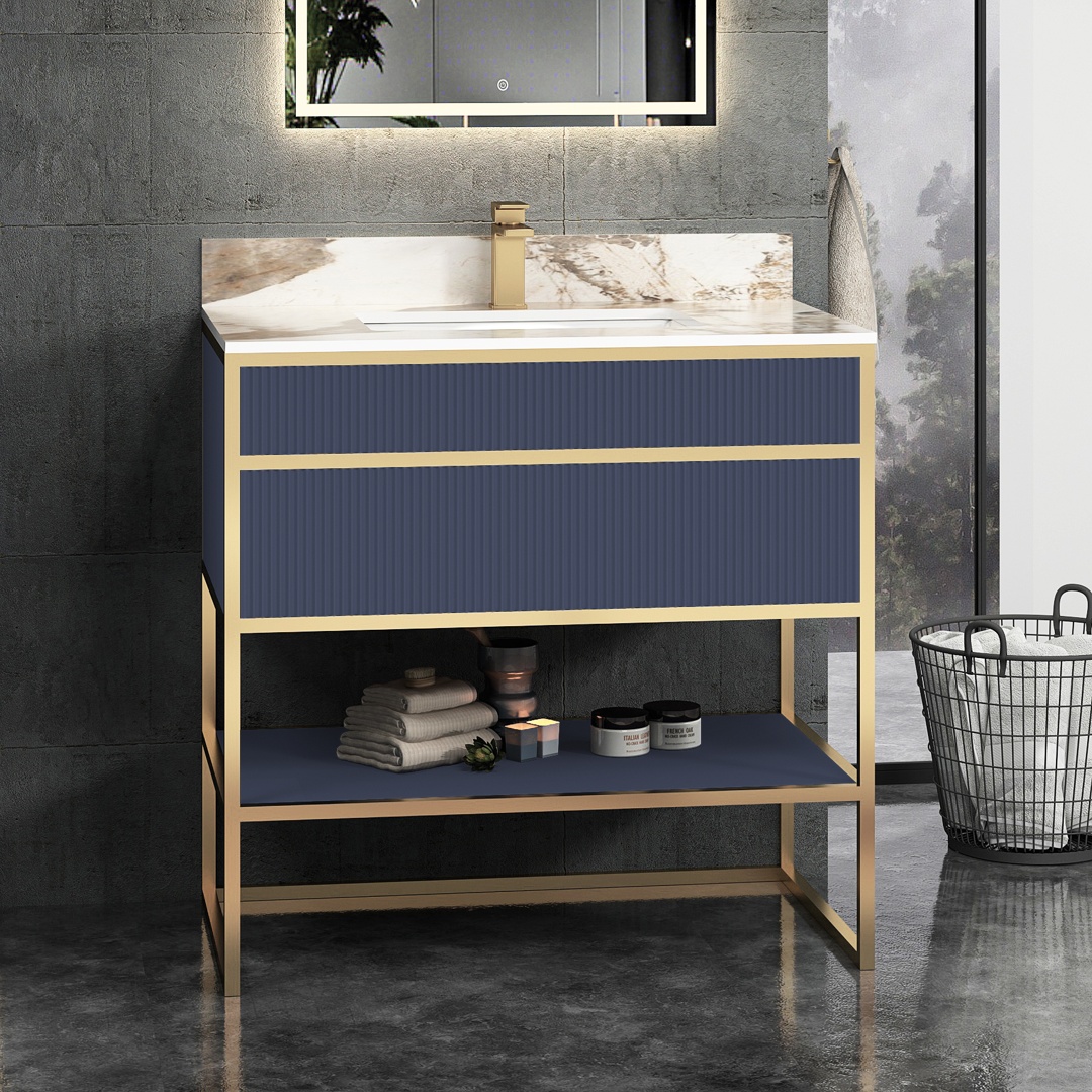Vienna 900mm Navy Blue Vanity Unit with Brushed Brass Frame & Pandora Top