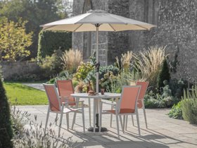 Bramblecrest Sofia 110cm Round Table with 4 Armchairs, Parasol & Base - Apricot