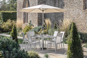 Bramblecrest Sofia 165 x 95cm Rectangle Table with 6 Armchairs, Parasol & Base - Grey